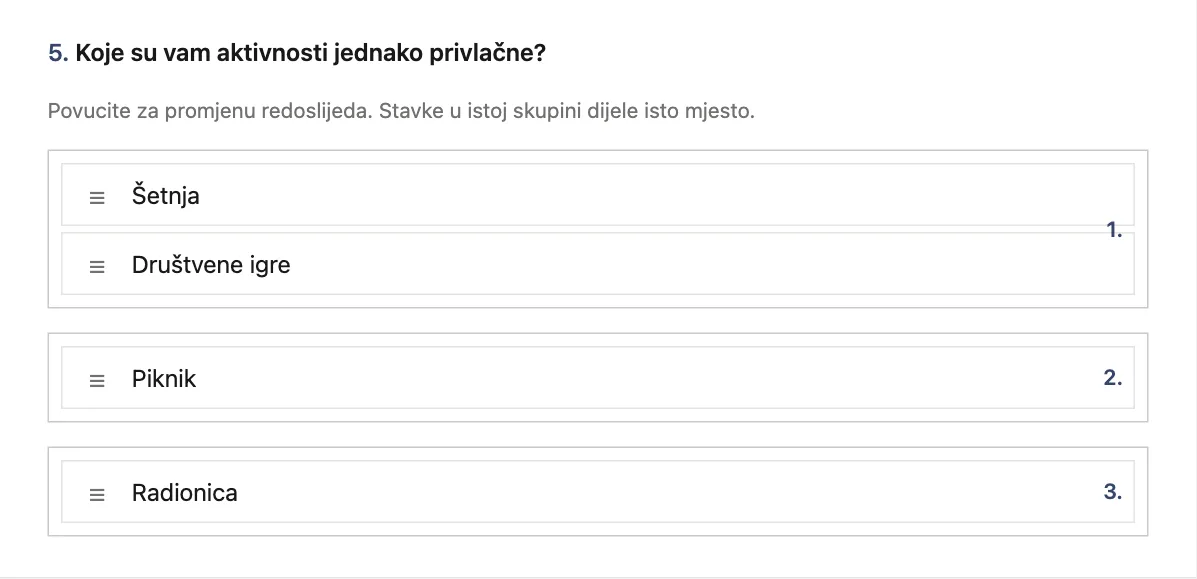 Pitanje s rangiranjem s jednakim mjestima